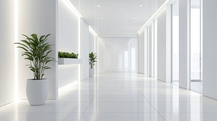 Modern hallway with white walls, minimal decor, and natural lighting. Sleek and uncluttered passage space.
