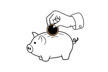 Minimalist Money-Saving Illustration Hand and Piggy Bank Line Art Vector