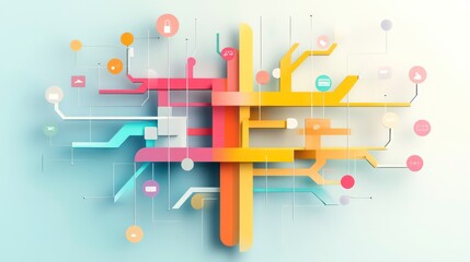 Colorful diagram illustrating a decision tree with branching paths and nodes, symbolizing logical choices and consequences in a business or educational setting.