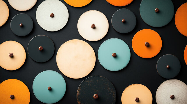 Abstract arrangement of colorful circular objects with central knobs against a dark background.