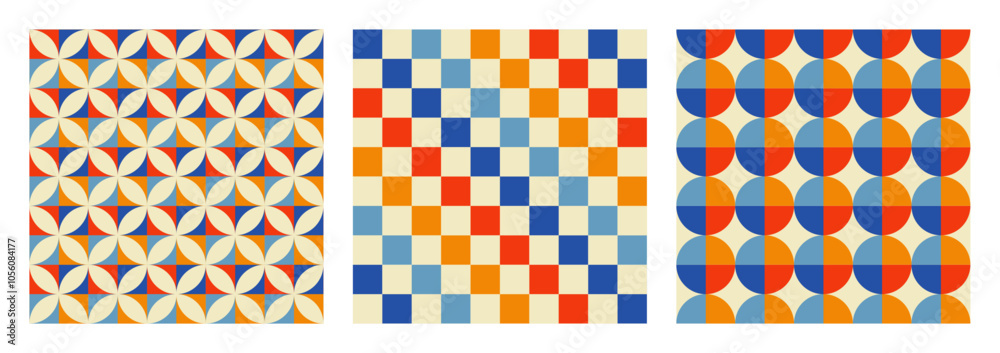 Aufkleber retro groovy checkered texture. trendy aesthetic retro set of geometric seamless patterns. modern ab