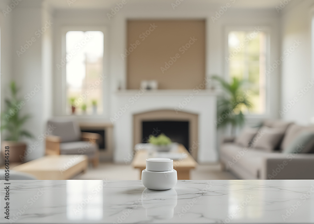 Aufkleber Product sits on marble counter behind blurred living room backdrop with empty space for display.