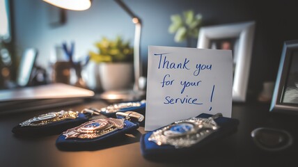 Close-up of a gratitude note on a desk with police badges, honoring law enforcement service. Blurred background enhances solemnity.