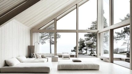 Nordic-inspired living space with large windows, white walls, minimal furnishings, and light wood details. Open and airy feel.