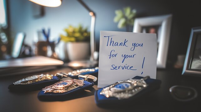 Close-up of a gratitude note on a desk with police badges, honoring law enforcement service. Blurred background enhances solemnity.