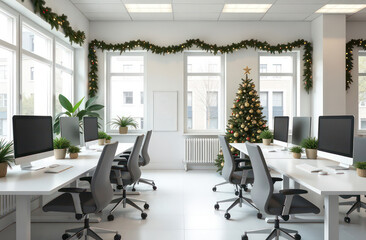Modern office workspace decorated with garlands,  festive decoration, white interior, openspace office, grey chairs, monitors on white tables, green plants, christmas tree in the corner