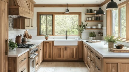 Fototapeta premium Nordic-style kitchen with light wood cabinets, white countertops, and natural light. Simple layout with pendant lights and greenery accents.