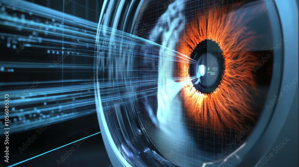 Poster A glowing orange eye in a circular frame captures data streams as blue lines of code travel toward its center.