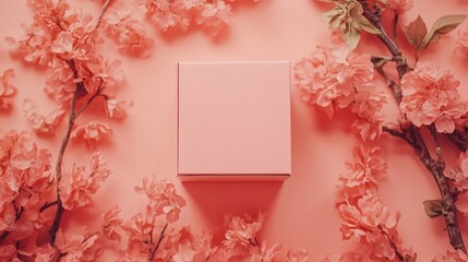 Obraz premium A pink box in the middle of a pink floral background,