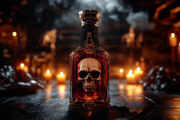 Bottle of rum with a pirate skull on an old wooden table, tavern background.