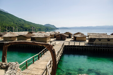Museum on water on the Ohrid Lake, Macedonia.  Bay of the bones (Museum on water), authentic reconstruction of the pile-dwelling settlement, dating back between 1200 and 700 BC.