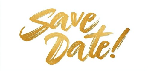 Handwritten  Save the Date  text over gold brushstroke, stylish and glamorous event invitation, white backdrop