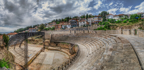 Panoramic view of Antique ancient theater in Ohrid. It was built more than two millennia, sometime at the end of 3rd or the beginning of 2nd century. A famous tourist spot. It is used now for concerts