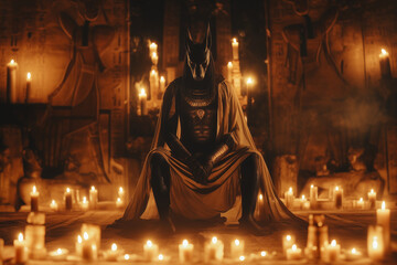 Anubis, ancient Egyptian god sith on the golden throne on a burning fire backround.