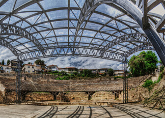 Panoramic view of Antique ancient theater in Ohrid. It was built more than two millennia, sometime at the end of 3rd or the beginning of 2nd century. A famous tourist spot. It is used now for concerts