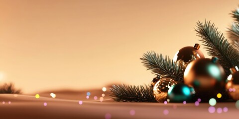 Christmas composition featuring fir needle branches and colorful bauble ornaments on a soft beige background, ideal for holiday greetings and seasonal celebrations.