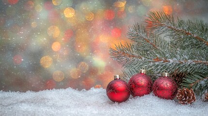Obraz premium Enchanting Christmas Poster: Red Baubles & Pine Tree Surrounded by Colorful Bokeh and Gentle Snow - Perfect for Festive Home Decor or Cozy Sports Interiors!