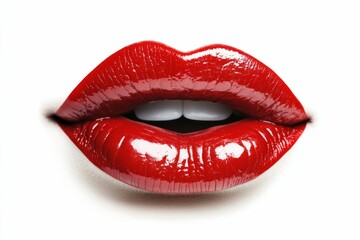Lips, red lipstick, mouth isolated on white background with white teeth. Sexy kiss, girl smile, female mouth close up, sensual seductive tongue in the mouth of a young woman cosmetics. Cosmetology