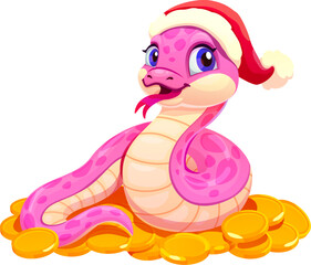 Cartoon snake character for Chinese lunar New Year, vector personage. 2025 Chinese lunar New Year calendar or zodiac horoscope symbol of snake in Santa hat on gold coins as luck and prosperity symbol