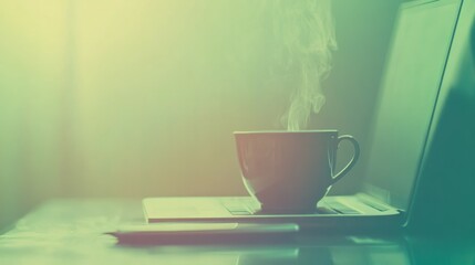 Business background with office desks, laptops, and coffee cups, 