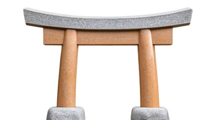 A wooden torii gate with a stone base, commonly seen at Shinto shrines, isolated on a transparent background.