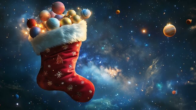 Christmas stocking filled with tiny planets and stars, floating against a dark galaxy