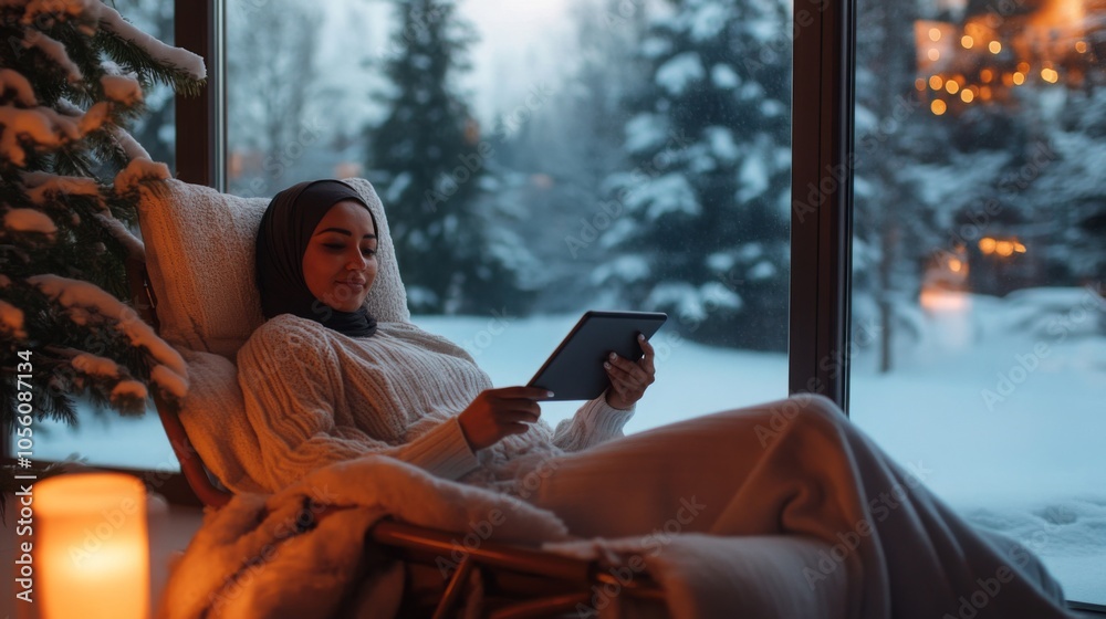 Poster a woman enjoys her time indoors, wrapped in a warm blanket while reading on a tablet. the window pro