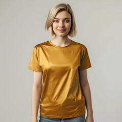 Obraz premium A young Caucasian woman with blonde hair wearing a shiny golden t-shirt, smiling confidently against a neutral background.