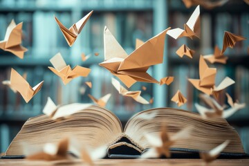 Inspiration of knowledge  an open book and an origami bird in a library setting for learning