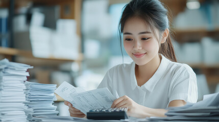 Fototapeta premium A woman smiles while working with documents and a calculator at a desk, surrounded by stacks of papers in an office setting.