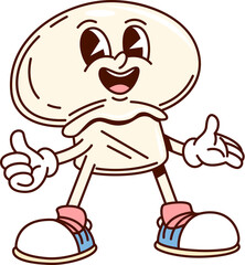 Groovy champignon mushroom vegetable character in retro comic cartoon, vector personage. Groovy funky champignon mushroom with happy face and thumb up in good vibes for vegetable cartoon character