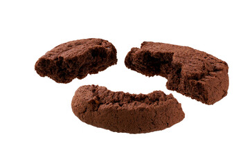 Broken chocolate cookies isolated on white background.