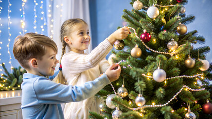 children decorating Christmas tree with ornaments and garland