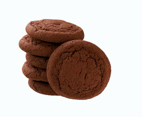 Stack of round chocolate cookies isolated on white background.