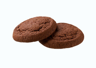 Two chocolate cookies isolated. Round chocolate cookies isolated on white background.