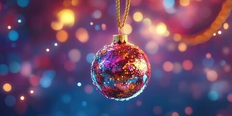 Fototapeta premium Sparkling Christmas ornament with sequins and golden rope, perfect for holiday decorations