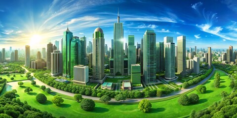 Naklejka premium A City Embraced by Green An Aerial View of Modern Architecture Surrounded by Lush Parks and Blue Skies