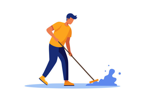 Flat Line Art of Janitor Cleaning Floor Mopping Vector Design