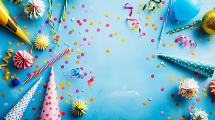 Fototapeta premium Birthday party caps, blowers, and candles on a blue background.