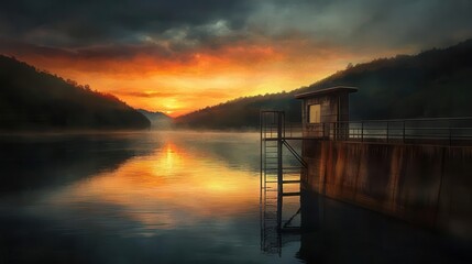 Fototapeta premium Dam at dusk, fading light reflecting off the water s surface, watercolor style