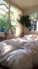 This inviting bedroom showcases light beige walls, a stylish boho bed adorned with soft blankets and pillows, and a warm wooden chair, creating a tranquil and cozy atmosphere