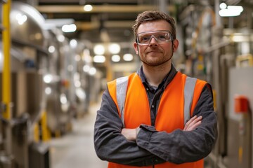 Obraz premium Confident factory worker in protective gear amidst industrial machinery ensuring workplace safety