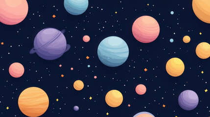 Colorful planets and stars are scattered across a dark, starry sky in this whimsical and vibrant space-themed illustration.