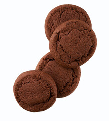 Chocolate cookies isolated, top view. Round chocolate cookies isolated on a white background, top...