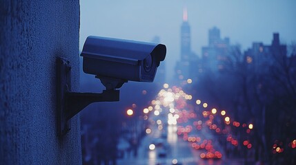 Urban Surveillance Camera with LED Lights Capturing Cityscape in Evening Atmosphere
