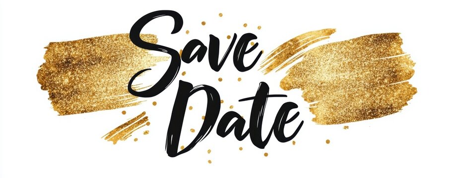 Save the Date  text in bold script on gold glitter brushstroke, elegant and festive invitation design