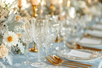 Fototapeta premium seasonal table setting, elegant winter table setting featuring crystal wine glasses, gold flatware, and delicate snowflake-patterned pale blue tablecloth