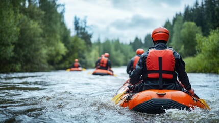 Emergency Rescue Team in Water with Rafts