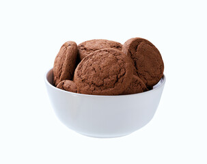 Chocolate cookies in a ceramic bowl isolated on white background.