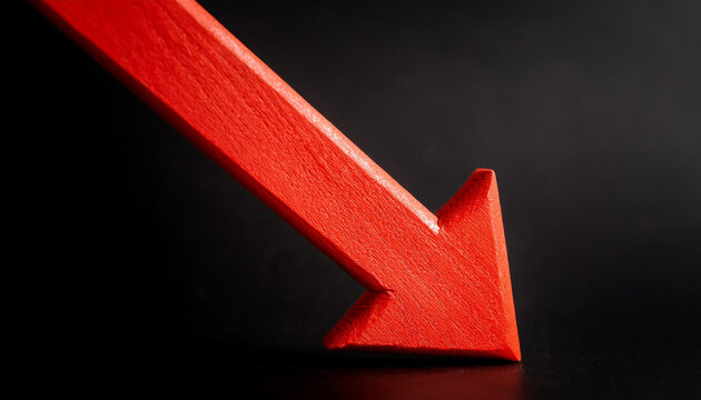 Red wooden arrow pointing down on black background. Business, market decline or economic